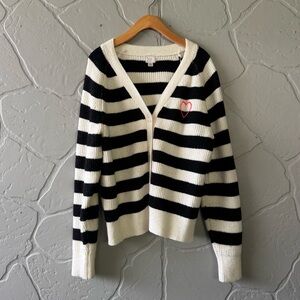 a new day Black and White Striped V-Neck Cardigan with Red Heart